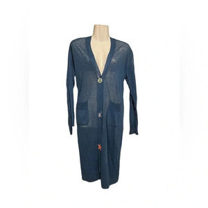Stile Benetton Linen Nautical Patch Snap Button Duster Cardigan